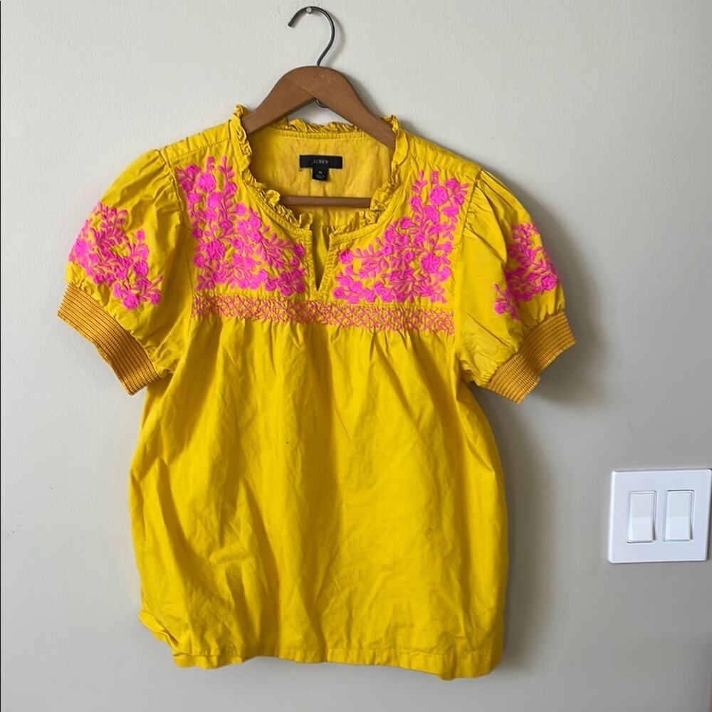 J. Crew Yellow Blouse with Pink Embroidery
